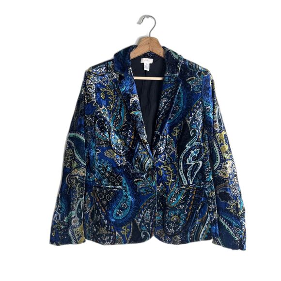 Chicos Blazer Womens S Blue Velvet Paisley Print Button Front Jacket Boho Dressy - Picture 1 of 9